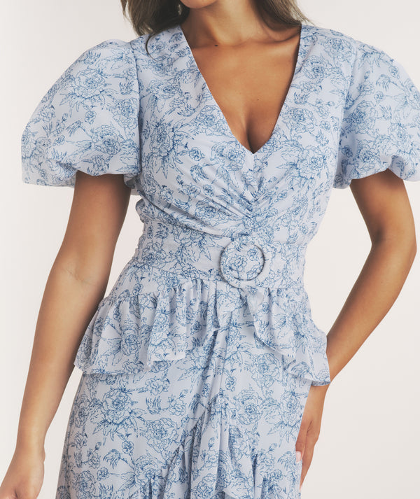 Floral Plunge Belted Ruffle Maxi Dress - Pale Blue