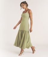 Square Neck Drop Hem Midi Dress - Sage