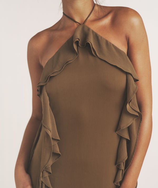 Ruffle Halter Neck Maxi Dress - Olive