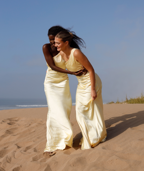 One Shoulder Ruched Satin Bridesmaid Dress - Butter Lemon
