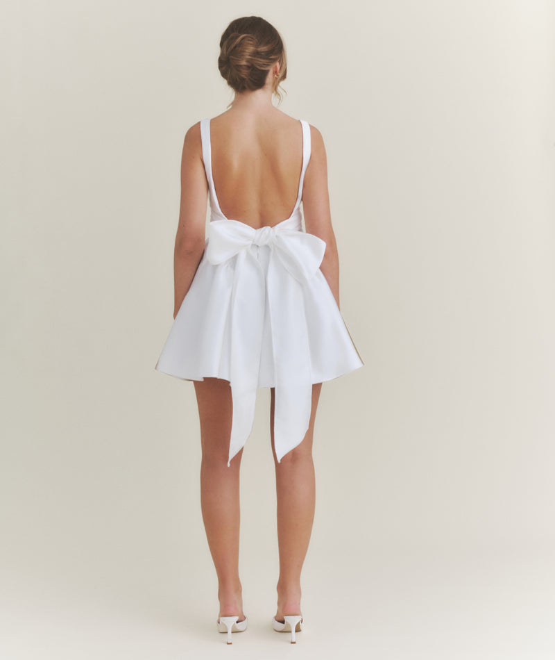 Satin Bow Back Pleated Skirt Mini Dress - White