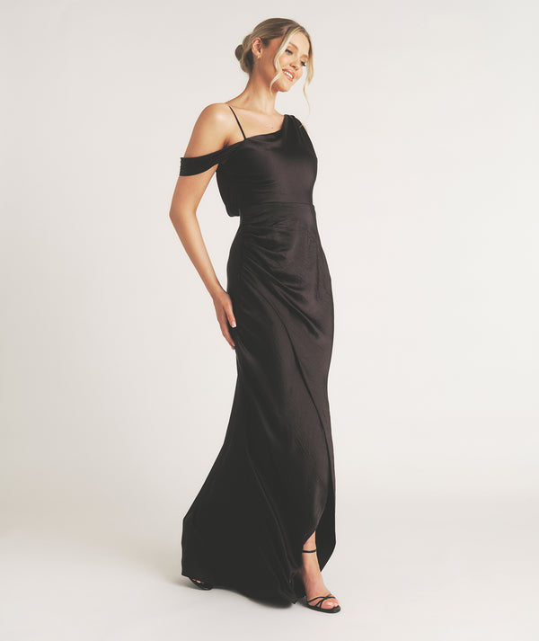 Asymmetrical Bardot Strap Satin Bridesmaid Dress - Black
