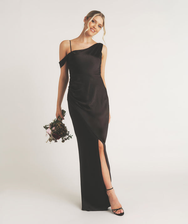 Asymmetrical Bardot Strap Satin Bridesmaid Dress - Black