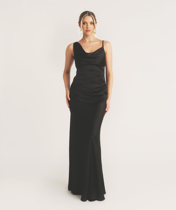 Cowl Front Asymmetrical Satin Bridesmaid Dress - Black