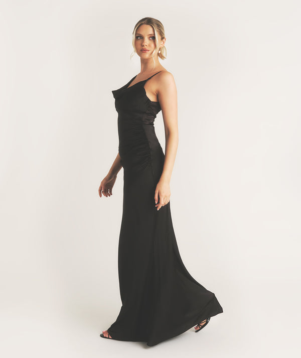 Cowl Front Asymmetrical Satin Bridesmaid Dress - Black