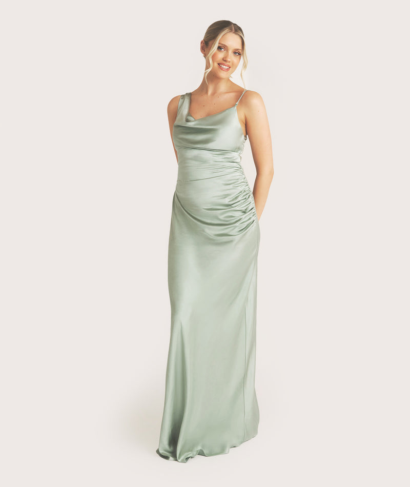Cowl Front Asymmetrical Satin Bridesmaid Dress - Sage
