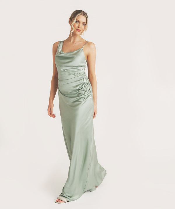 Cowl Front Asymmetrical Satin Bridesmaid Dress - Sage