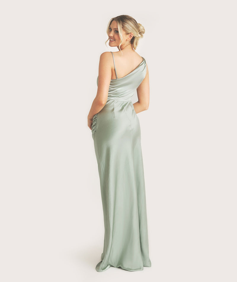 Cowl Front Asymmetrical Satin Bridesmaid Dress - Sage