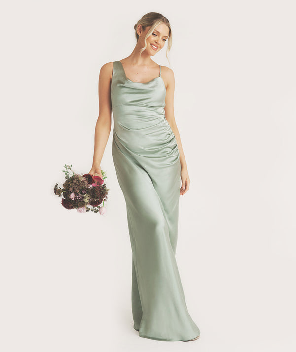 Cowl Front Asymmetrical Satin Bridesmaid Dress - Sage