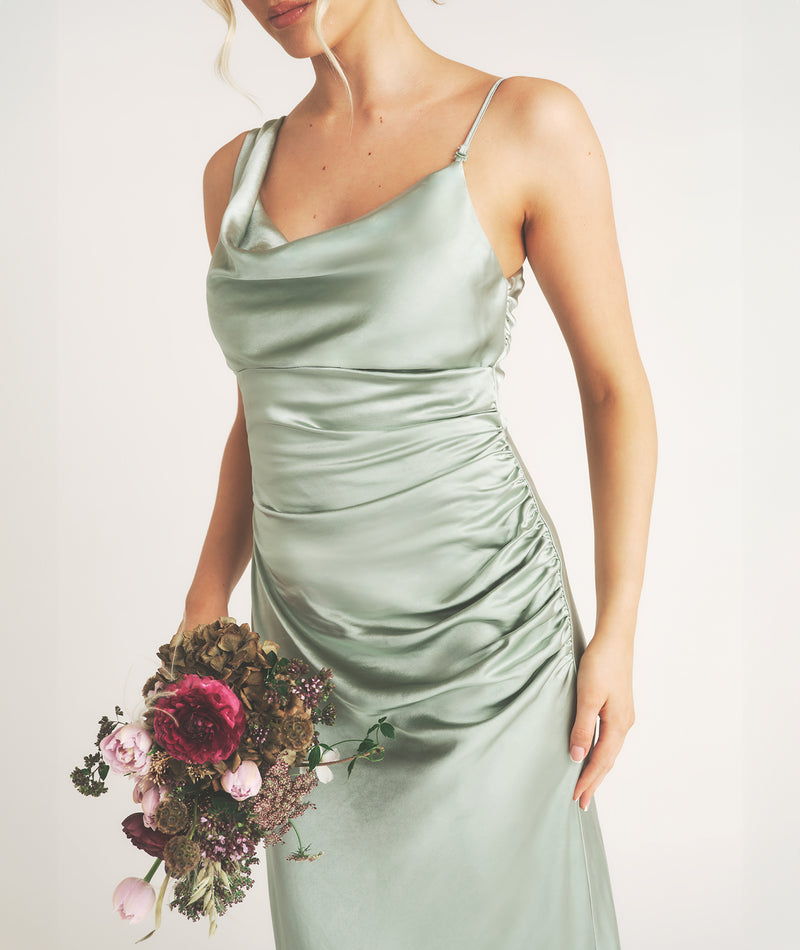 Cowl Front Asymmetrical Satin Bridesmaid Dress - Sage