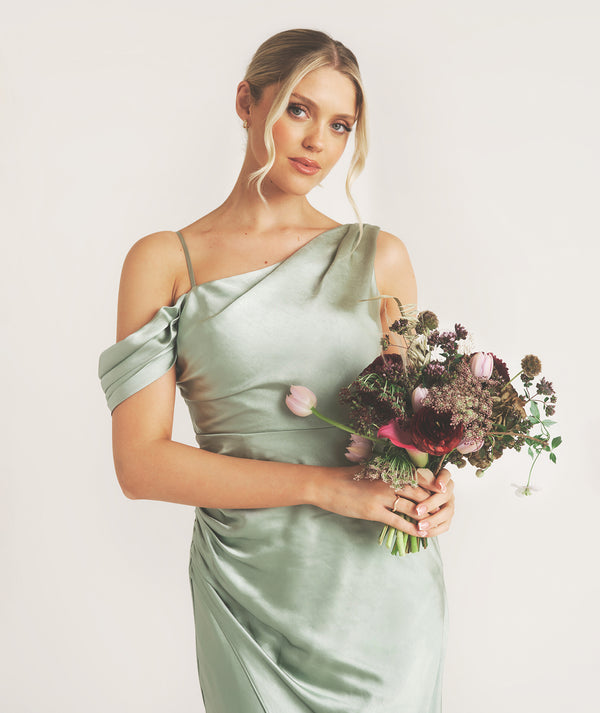 Asymmetrical Bardot Strap Satin Bridesmaid Dress - Sage