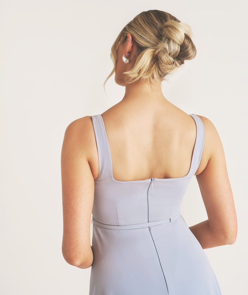 light blue square neck midi dress Crystaline | Powder BLUE Satin Square-Neck Midi Dress