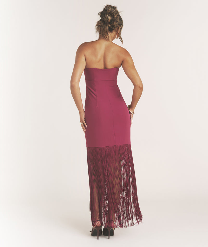 Fringe Bandeau Maxi Dress - Raspberry Pink Six Stories Fringe Bandeau Maxi Dress - Raspberry Pink Six Stories