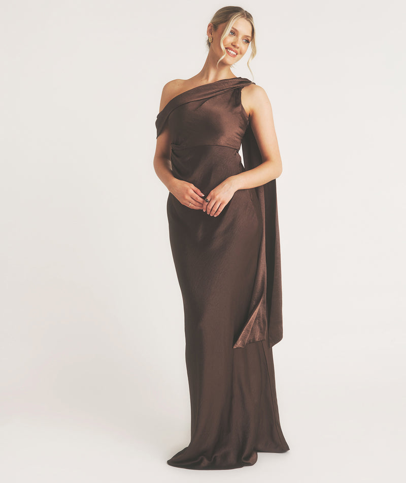 One Shoulder Drape Detail Satin Bridesmaid Dress - Chocolate