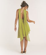 Cowl Front Mini Dress with Neck Scarf - Green