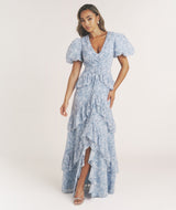 Floral Plunge Belted Ruffle Maxi Dress - Pale Blue