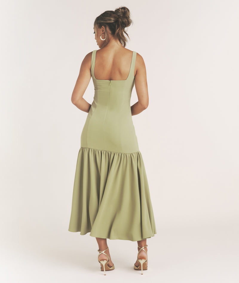 Square Neck Drop Hem Midi Dress - Sage Six Stories Square Neck Drop Hem Midi Dress - Sage Six Stories
