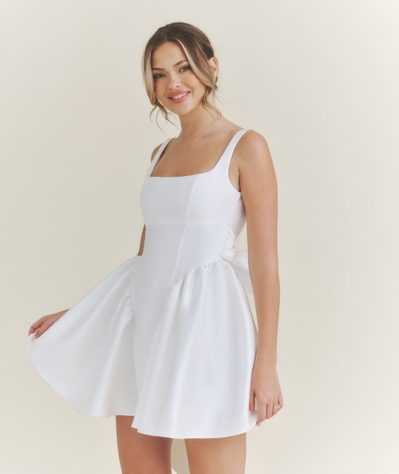 Satin Bow Back Pleated Skirt Mini Dress - White
