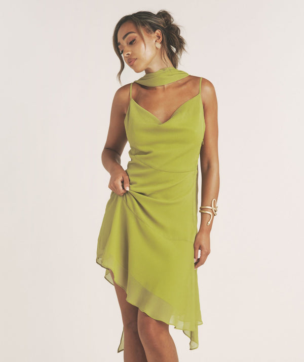 Cowl Front Chiffon Mini Dress with Neck Scarf - Green