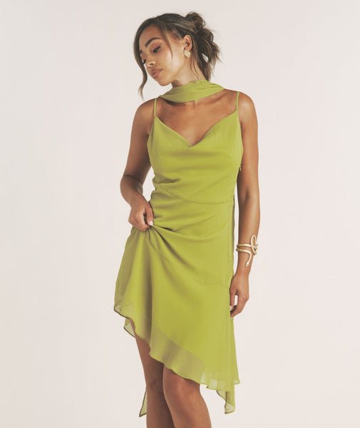 Cowl Front Mini Dress with Neck Scarf - Green Cowl Front Mini Dress with Neck Scarf - Green