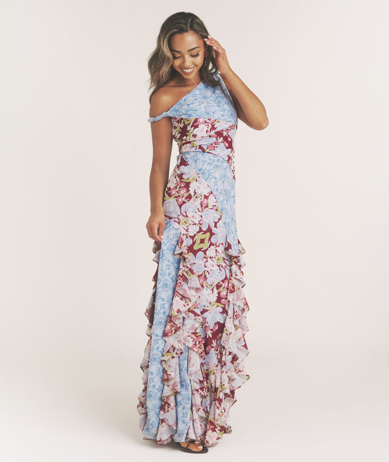 Floral Mixed Print Ruffle Dress - Pale Blue Six Stories Floral Mixed Print Ruffle Dress - Pale Blue Six Stories