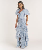Floral Plunge Belted Ruffle Maxi Dress - Pale Blue