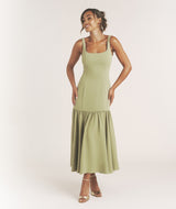 Square Neck Drop Hem Midi Dress - Sage