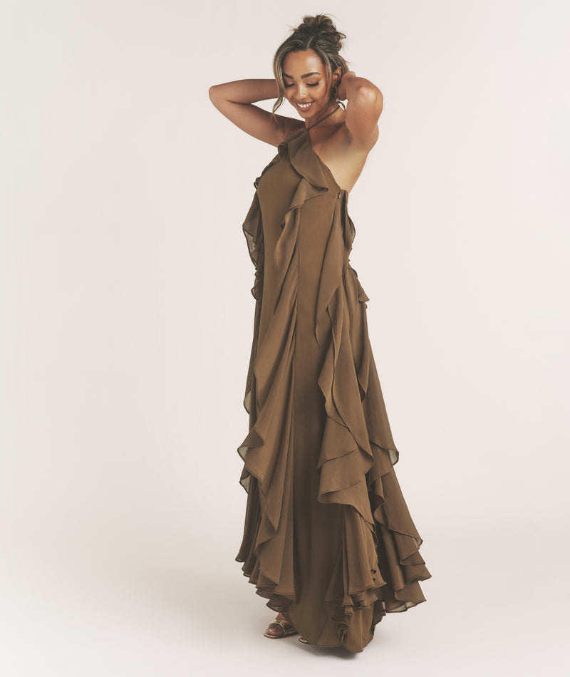 Ruffle Halter Neck Maxi Dress - Olive Six Stories Ruffle Halter Neck Maxi Dress - Olive Six Stories
