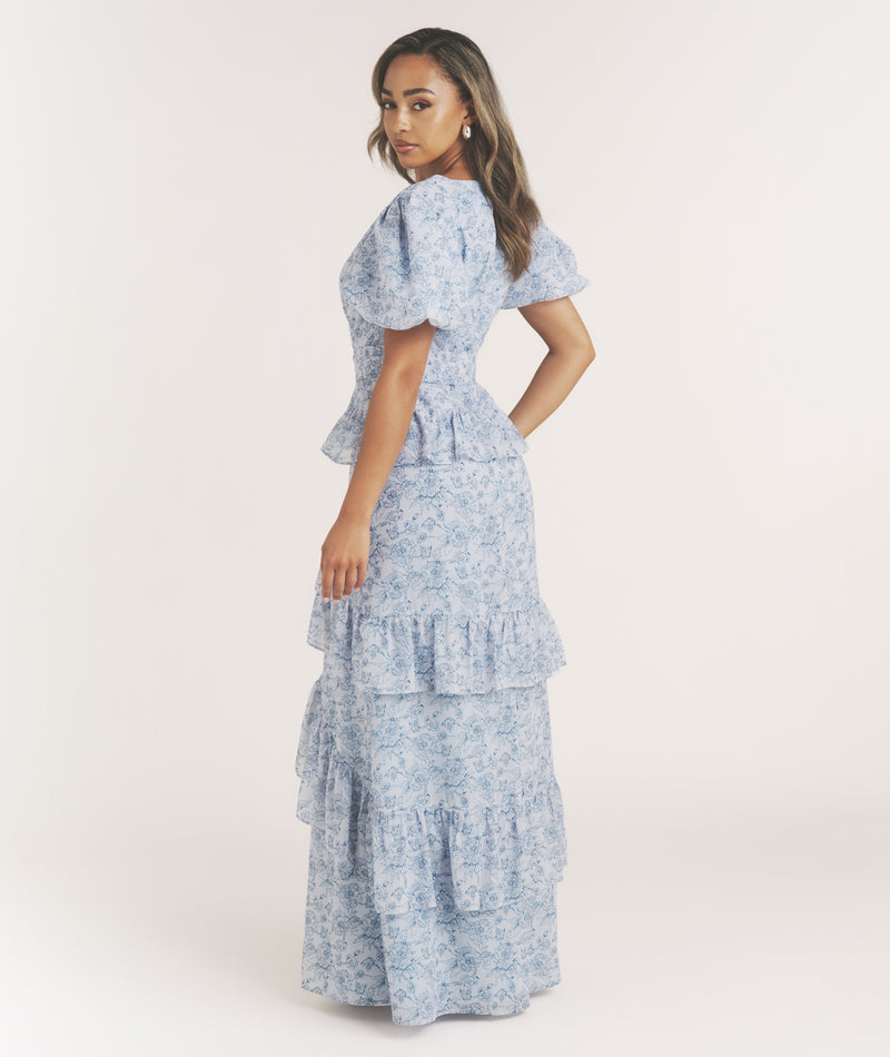 Floral Plunge Belted Ruffle Maxi Dress - Pale Blue Floral Plunge Belted Ruffle Maxi Dress - Pale Blue