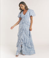 Floral Plunge Belted Ruffle Maxi Dress - Pale Blue