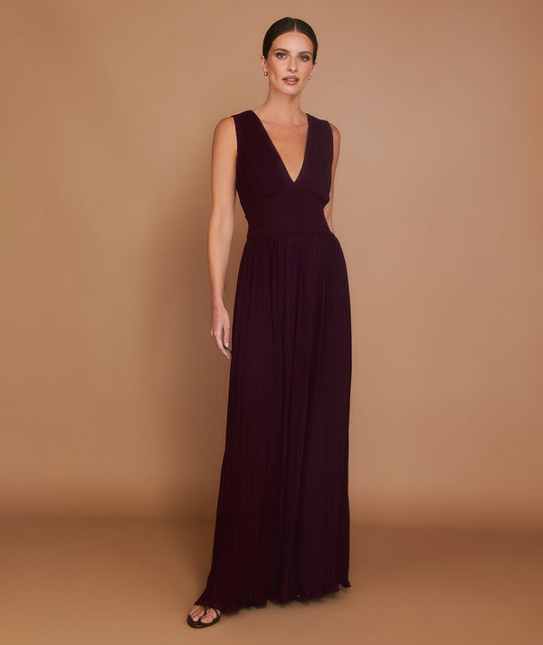 Pleated Plunge Maxi Dress - Wine