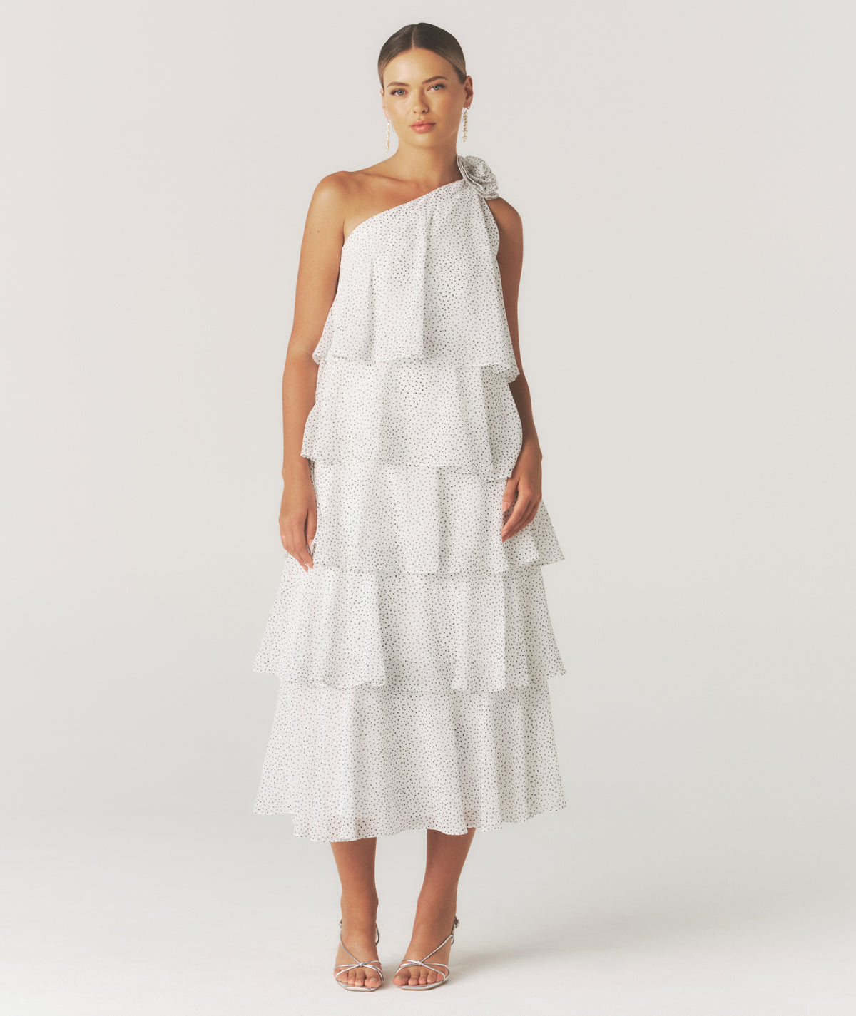 Polka Corsage Tiered Midaxi Dress - White