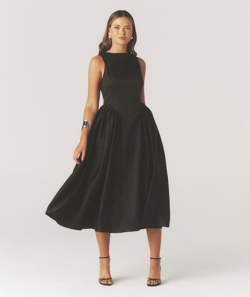 Audrey Drop Waist Midi Dress with Volume Skirt - Black