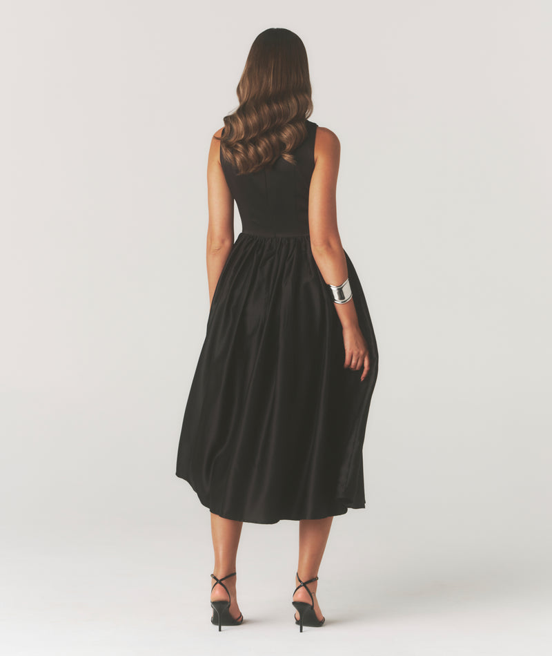 Audrey Drop Waist Midi Dress with Volume Skirt - Black