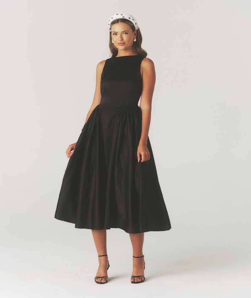 Audrey Drop Waist Midi Dress with Volume Skirt - Black