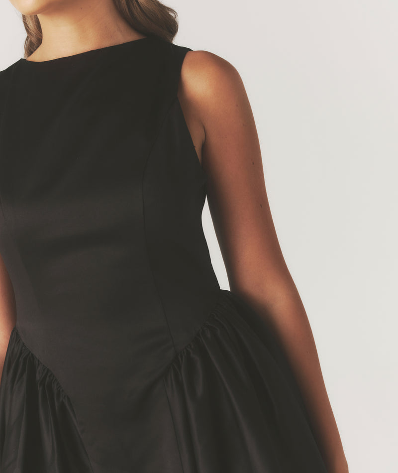 Audrey Drop Waist Midi Dress with Volume Skirt - Black