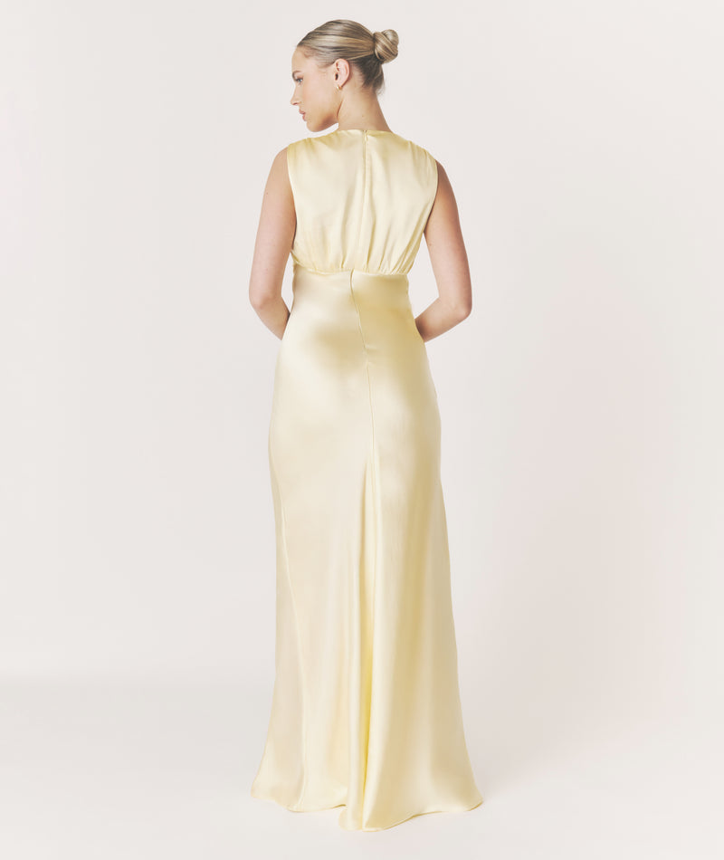 Plunge Drape Detail Satin Bridesmaid Dress - Butter Lemon