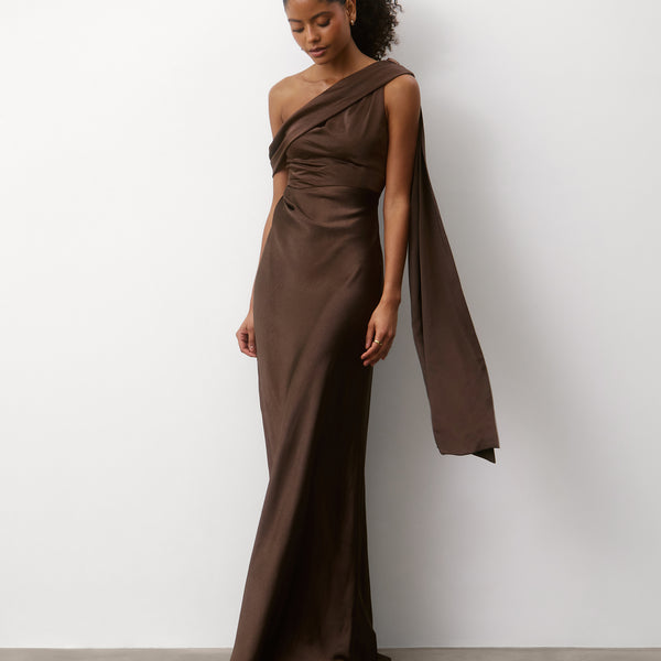 brown dress with straps One Shoulder Drape Satin Bridesmaid Brown maxi prom dress Luxury Organic Cotton Dress Hr-exchange-only:2022-08-18_2022-08-23 Size:us:2