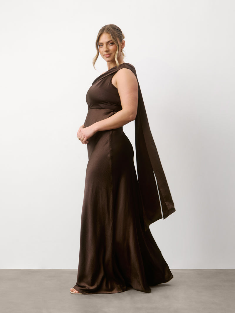 One Shoulder Drape Satin Bridesmaid Dress - Chocolate – Six Stories