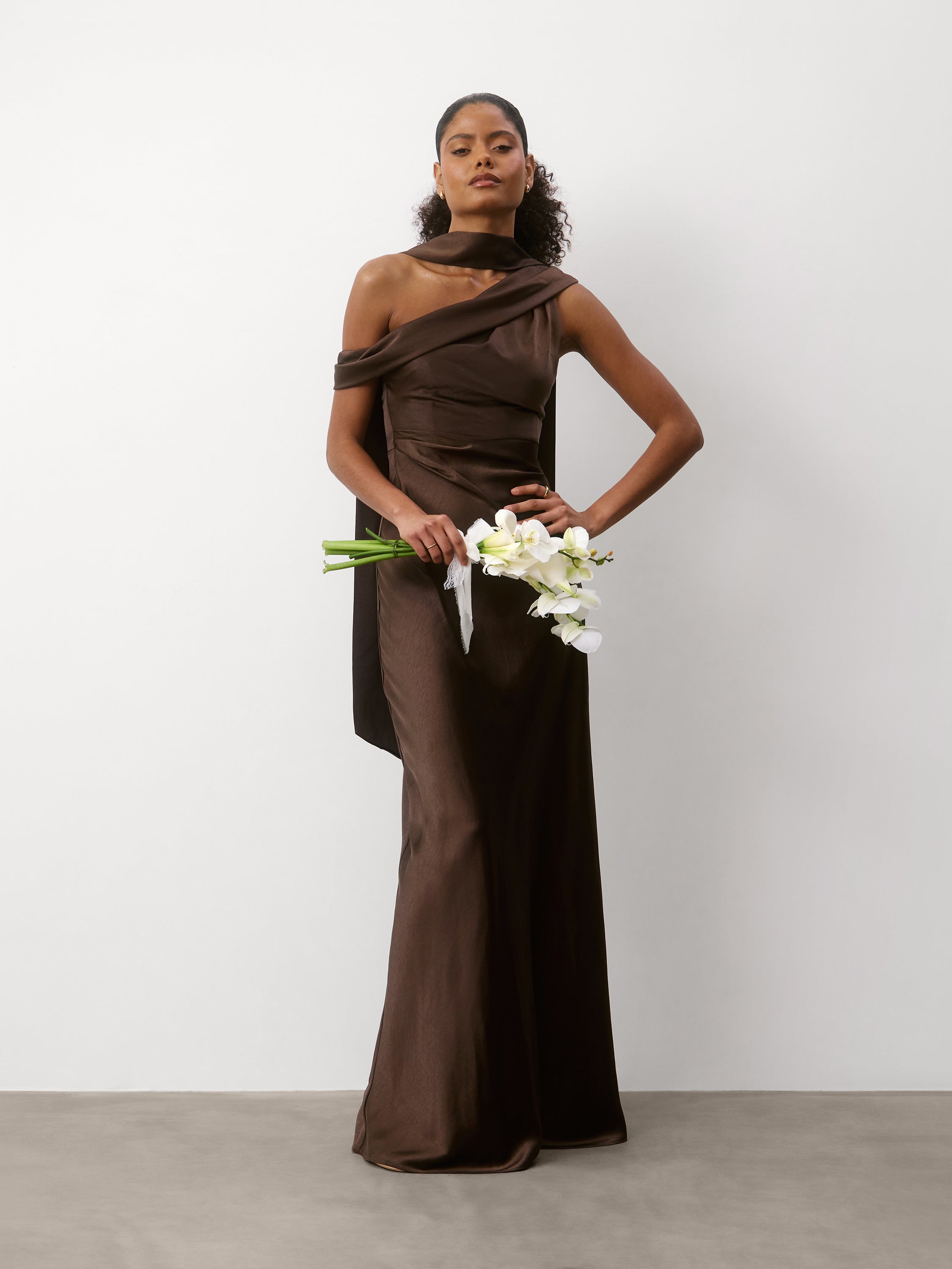 chocolate bridesmaid dresses One Shoulder Drape Satin Bridesmaid Dress