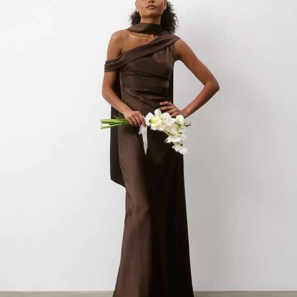 chocolate satin dress One Shoulder Drape Satin Bridesmaid Dress
