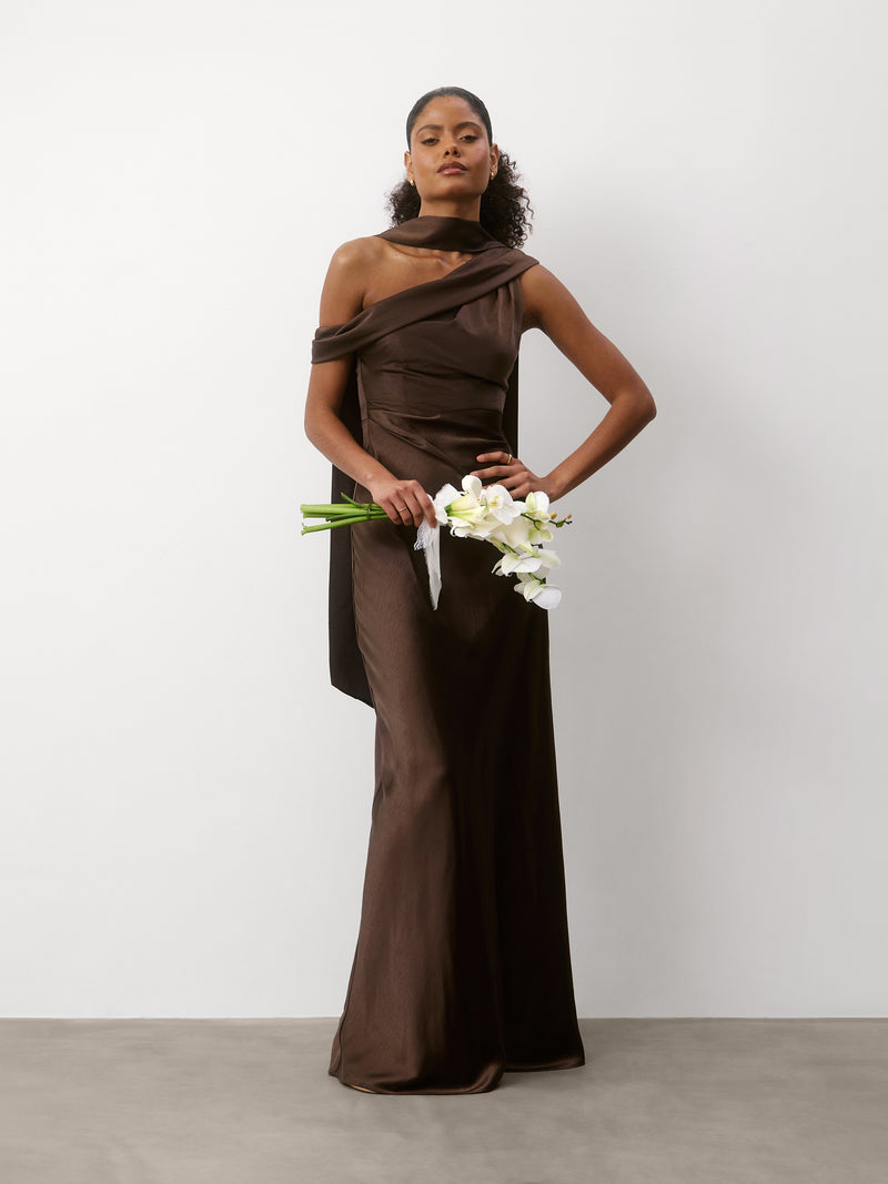 brown satin bridesmaid dresses One Shoulder Drape Satin Bridesmaid Dress