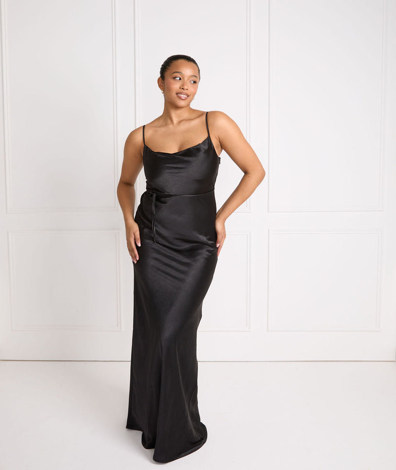 Cami Cowl Front Satin Bridesmaid Dress - Black | Six Stories- Size US 4 Cami Cowl Front Satin Bridesmaid Dress - Black | Six Stories- Size US 4