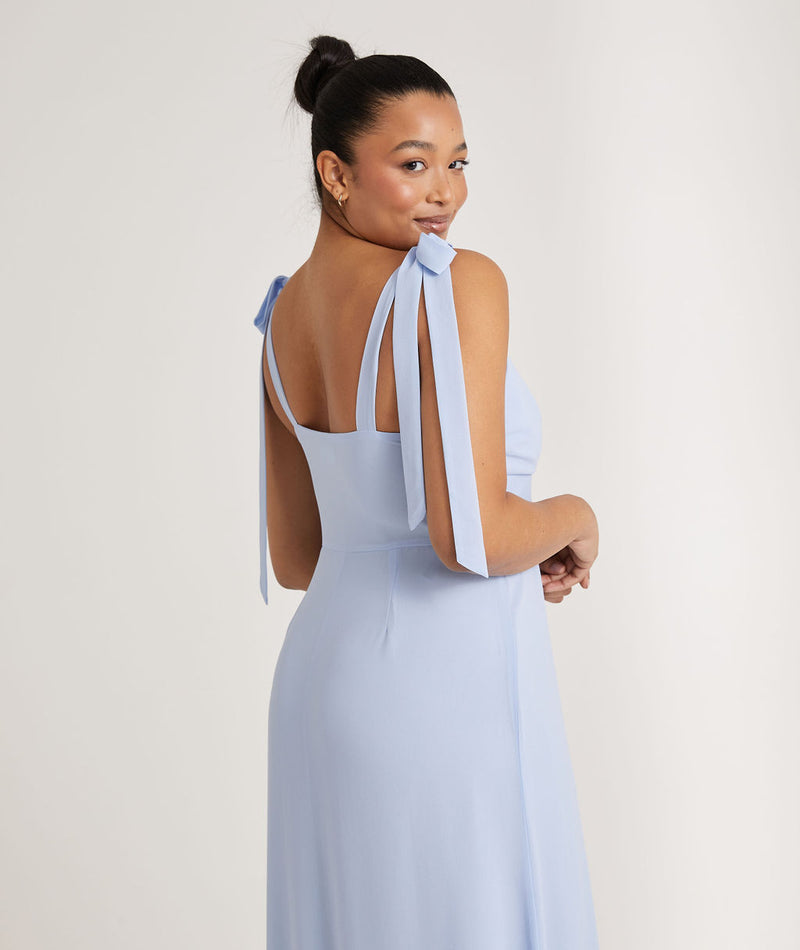 blue bridesmaid dress with bow Mermaid Straps Bows Pleats Satin Sleeveless Long Bridesmaid Dress with Slit, Black / 14