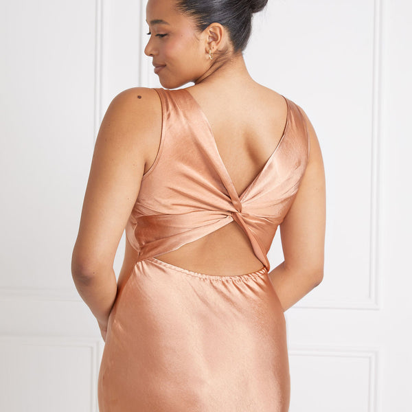 Twist Back Satin Bridesmaid Dress - Burnt Peach