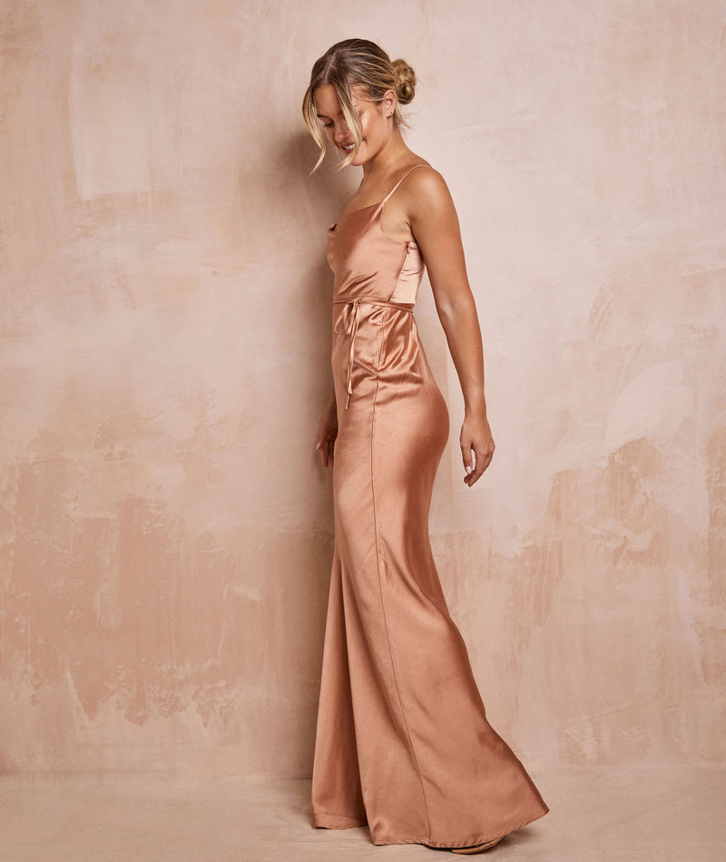 Cami Cowl Front Satin Bridesmaid Dress - Burnt Peach