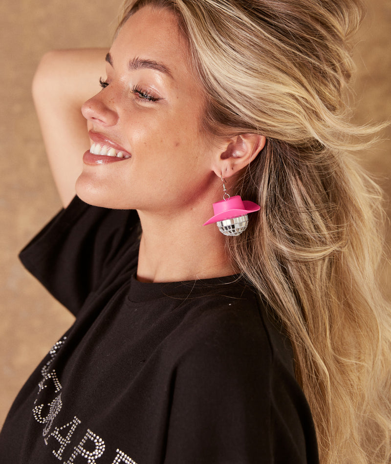 Disco Ball Cowboy Earrings - Pink