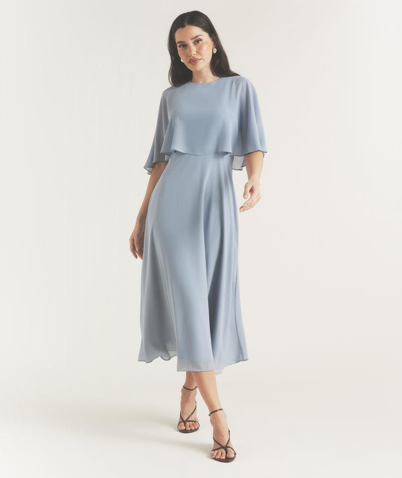 Cape Overlay Chiffon Midaxi Dress - Pale Blue- Size US 8 Cape Overlay Chiffon Midaxi Dress - Pale Blue- Size US 8
