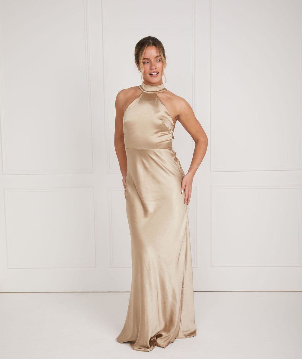 Cowl Back Satin Bridesmaid Dress - Champagne