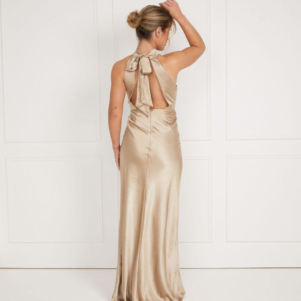 Champagne Halter Neck Asymmetrical Dress Jasmine Halter Maxi Dress, In Champagne Luxe Satin Show Me Your Champagne Halter Neck Asymmetrical Dress Jasmine Halter Maxi Dress, In Champagne Luxe Satin Show Me Your